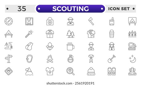 Scouting outline icons showing the equipment and activities for hiking, camping and outdoor education including fire, cooking, backpack, tent, canoe, compass, canteen, archery and lantern.
