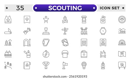 Scouting outline icons showing the equipment and activities for hiking, camping and outdoor education including fire, cooking, backpack, tent, canoe, compass, canteen, archery and lantern.
