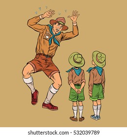 The scoutmaster is afraid of insects. Pop art retro vector illustration. Scouts children