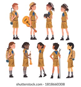 Scouts Boys and Girls Set, Scouting Kids Characters Wearing Uniform and Blue Neckerchiefs with Camping Objects, Summer Camp Activities Vector Illustration