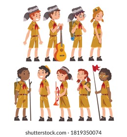 Scouts Boys and Girls Set, Scouting Kids Characters Wearing Uniform and Red Neckerchiefs, Summer Camp Activities Vector Illustration