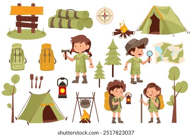 Escoteiros acampando definir elementos em design gráfico plano. Agrupe objetos de meninos e meninas em uniformes, tenda, bússola, fogueira, mochilas, árvores, lanternas, tapetes, ponteiros de direção. Ilustração vetorial.