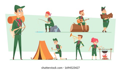 Scouts characters. Summer campers boys and girls junior rangers group survival scouts with backpacks vector kids