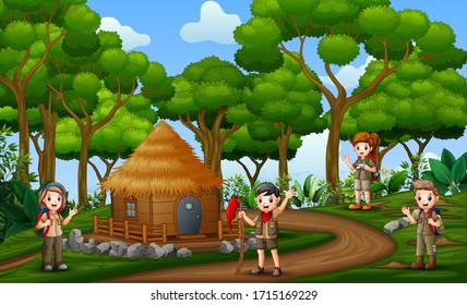 The scouts children hiking at the rural landscape