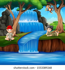 The scouts enjoying on waterfall