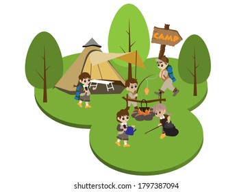 scouts enjoying summer camp they are outdoor camping, playing and learning  through activities together vector illustration
