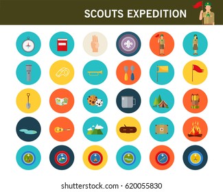 iconos planos de concepto de expedición de scouts. 