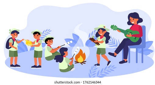 Scouts group leader playing guitar. Children wearing uniform, bonfire, camping flat vector illustration. Vacation, exploration, music concept for banner, website design or landing web page