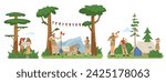 Scouts kids summer camp scenery set, flat cartoon vector illustration isolated on white background. Groups of children Scouts on vacation in the forest camp.