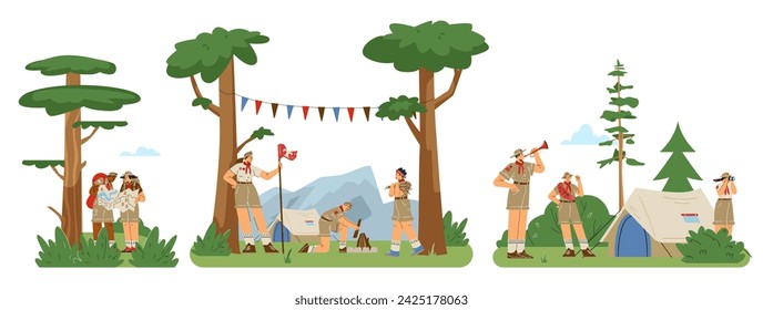 Scouts kids summer camp scenery set, flat cartoon vector illustration isolated on white background. Groups of children Scouts on vacation in the forest camp.