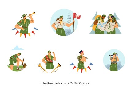 Scouts makes bonfire, exploring map, looks through binoculars, blows the trumpet fife. Cartoon scout camping vector illustrations set. Summer outdoor activities, expedition and explore adventure
