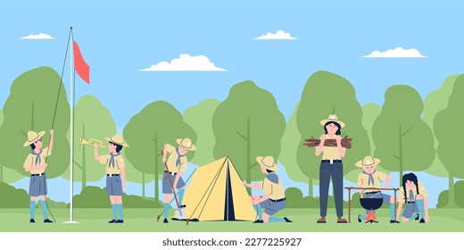 Scouts en acampada natural, aventuras de supervivencia forestal. Scout y ranger, adolescentes de dibujos animados y niños en el senderismo. Campamento de equipos jóvenes, escena vector reciente