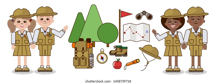 Scouts, school of scouts, children of different in the form of a scout. Scout set. Vector