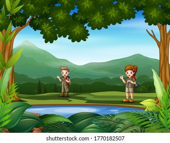 Scouts standing around the small pond