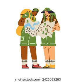 Scouts at summer camp. Scout characters with large backpacks hold a map of the area. Isolated flat illustration.