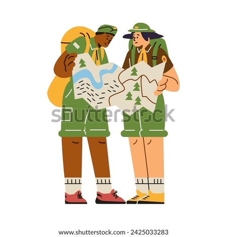 Scouts at summer camp. Scout characters with large backpacks hold a map of the area. Isolated flat illustration.
