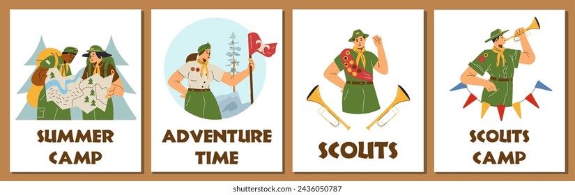 Scouts en el campamento de verano. Un conjunto de plantillas de volantes para un folleto publicitario con personas en ropa de explorador haciendo acampada. Cartel con ilustración plana y espacio para texto.