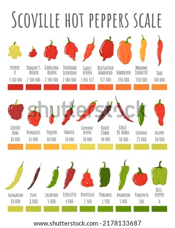 Scoville hot peppers scale. Hot pepper chart, spicy level and scovilles heat units poster vector illustration. Vegetables with different indicator of sharpness, spice measurement in plants