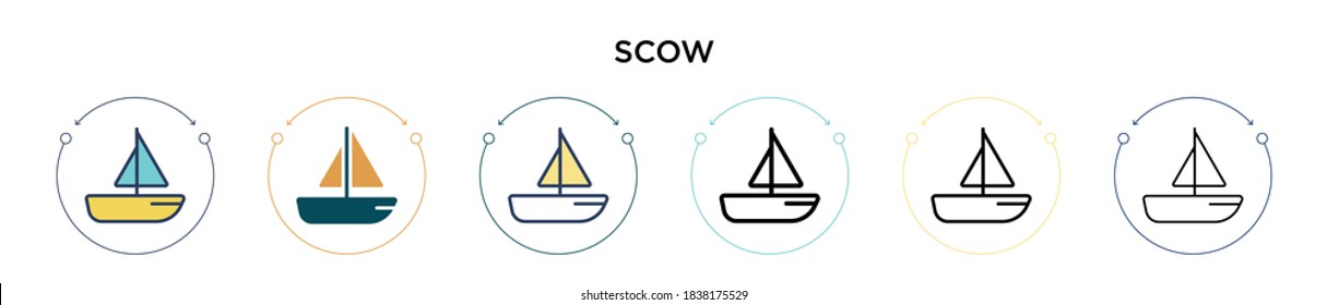 Scow icon in filled, thin line, outline and stroke style. Vector illustration of two colored and black scow vector icons designs can be used for mobile, ui, web