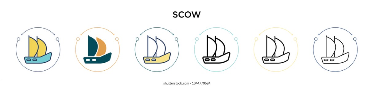 Scow icon in filled, thin line, outline and stroke style. Vector illustration of two colored and black scow vector icons designs can be used for mobile, ui, web