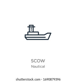 Scow icon. Thin linear scow outline icon isolated on white background from nautical collection. Line vector sign, symbol for web and mobile