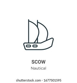 Scow outline vector icon. Thin line black scow icon, flat vector simple element illustration from editable nautical concept isolated stroke on white background