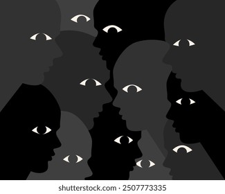 Scowling faces of people silhouettes in black background.