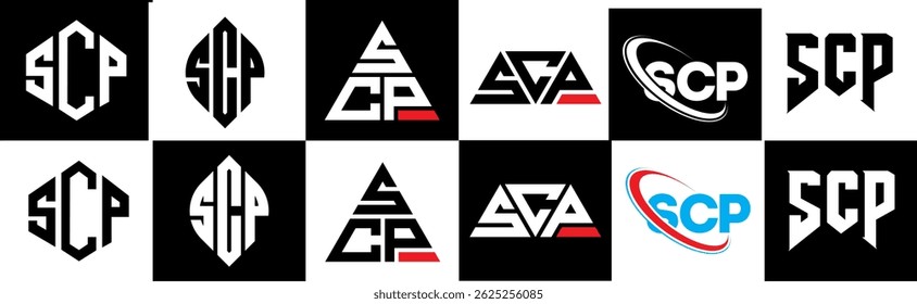 SCP letter logo design in six style. SCP polygon, circle, triangle, hexagon, flat and simple style with black and white color variation letter logo set in one artboard. SCP minimalist and classic logo