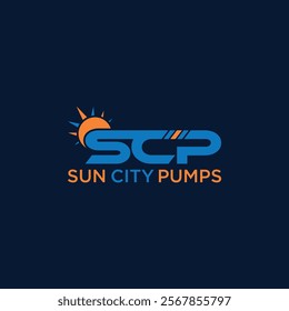 SCP sun city pumps company logo design with sun icon illustration.