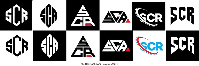 SCR letter logo design in six style. SCR polygon, circle, triangle, hexagon, flat and simple style with black and white color variation letter logo set in one artboard. SCR minimalist and classic logo