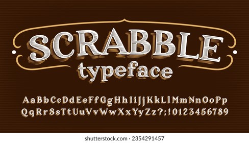 Scrabble alphabet font. Damaged letters and numbers. Uppercase and lowercase. Stock vector typeface for your typography design.