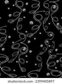 Scrabble new years attributes, garlands and serpentin in black and white seamless pattern on black. Greeting card, gift packaging, wrapping paper. Naive scribble style collection for happy new year. 