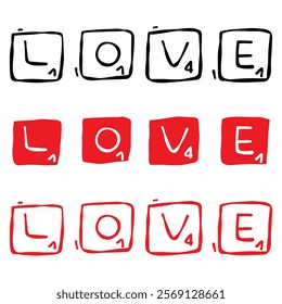 Scrabble pieces with the word Love. Doodle hand-drawn elements, red and black contour variations, isolated on a white background. Prints, web, digital design, cards, Valentines, weddings, anniversary