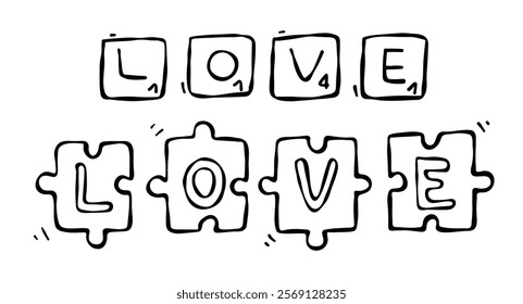 Scrabble and puzzle pieces with the word Love. Doodle hand-drawn elements, black contour, isolated on a white background. Prints, web, digital design, cards, Valentines, weddings, anniversaries, gifts