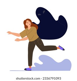 Scraed and crying Woman running from her fear in mind.Panic attack.Psychology concept.Stressed,Anxious person suffering from Intrusive thoughts,hallucination.Flat vector illustration ,white background