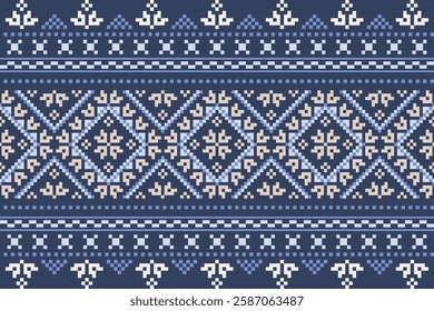 Scraf seamless pattern.Floral cross stitch for background.Aztec style.background vector illustration.Design for texture,fabric,cloting,carpet,knitewar,curtains,wrapping,batik.Navy tone