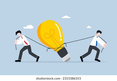 Scramble for business idea, intellectual property conflict, legal dispute regarding infringement of patent or trade secret concept, Businessmans dragging idea light bulb in opposite direction.