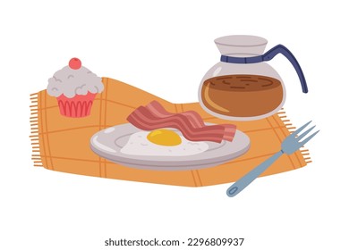 Scrambled Egg and Bacon on Plate with Coffee in Pot and Cupcake as Tasty Breakfast or Brunch with Typical Food Vector Illustration