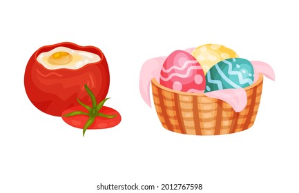 Huevo desparramado en pimienta y huevos de Pascua decorados en vectores de mimbre