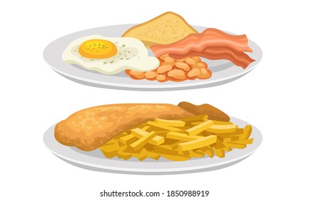 Scrambled Egg and Fish and Chips as Delicious English Dish Vector Set