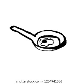 Scrambled egg in frying pan. Grunge brush ink vector illustration for restaurant or cafe menu design.