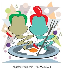 Huevo revuelto con chiles verdes y rojos, Ilustración vectorial de dibujos animados de plato servido