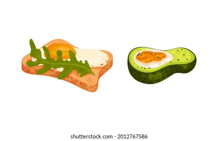 Scrambled Egg on Bread Slice and Avocado Vector Set