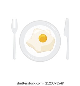 Scrambled egg on a plate with fork and knife. Fried eggs. Omelette icon. Vector illustration isolated on white background.