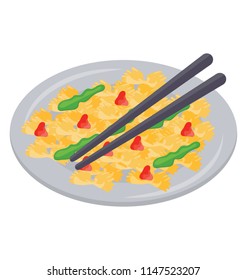 
Scrambled egg in plate with basil topping and chopping sticks 
