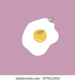 Scrambled egg with rosemary herb on violet background.