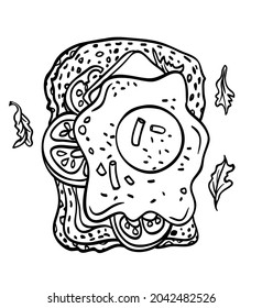 Scrambled egg sandwich, outline black and white illustration, picture for menu, packaging, label and other designs