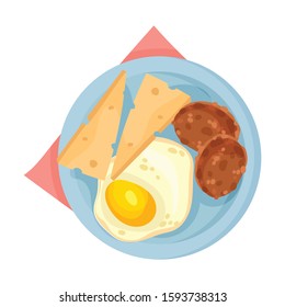 Scrambled Egg Served on Plate with Patty Cakes and Slices of Cheese Vector Illustration