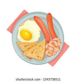 Scrambled Egg Served on Plate with Sausages and Frigole Vector Illustration