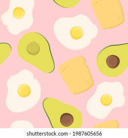 Scrambled eggs and avocado seamless pattern for print, textile, fabric. Morning breakfast background. Fried Egg With Toast.  Breakfast wallpaper. Vector illustration